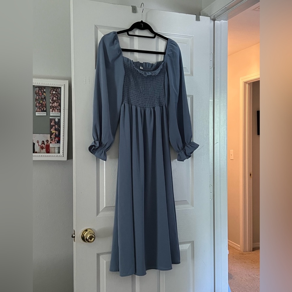 Amazon Blue and Gray Smocked Long Sleeve Sundress